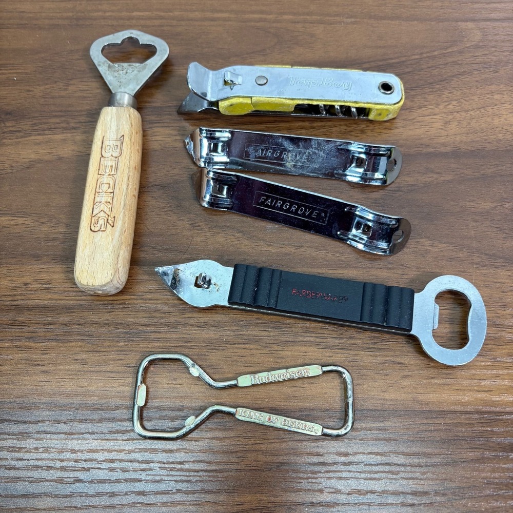 Vintage Bottle Opener Budweiser, Farberware, Fairgrove, Tap Boy and Becks lot 6